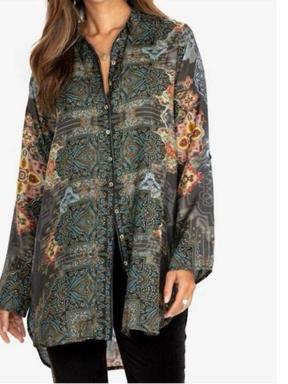 Johnny Was Mumbai Della Silk Tunic Long Sleeve Size M